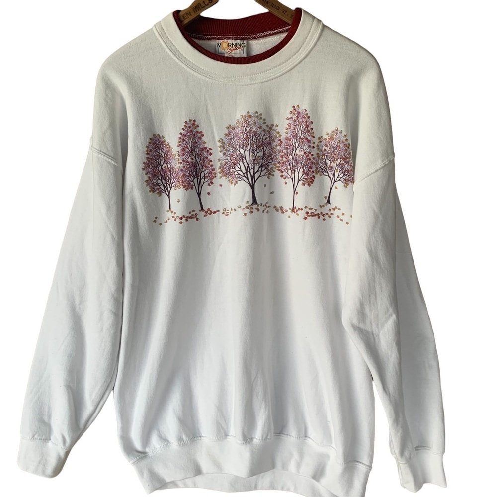 Vintage Autumn Fall Leaves Sweatshirt Adult Large White Tree Nature Grandma 90s